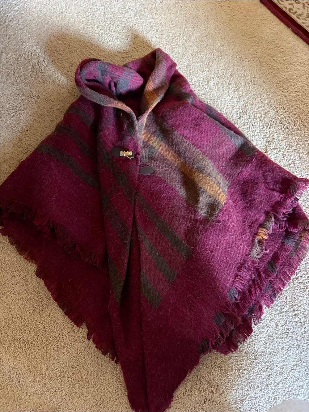 Womens Burgundy Plaid Wool Blend Poncho Coat